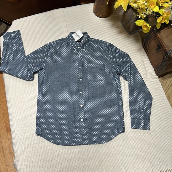 Men Chambray Button Down Shirt Long Sleeve Polka Dot - Picture 2 of 14